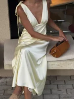 Satin Tie Shoulder Deep V-Neck Dress - Image 5