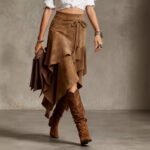 Retro Western Style Irregular Design Suede Skirt Solid Color Midi Skirt - Image 2