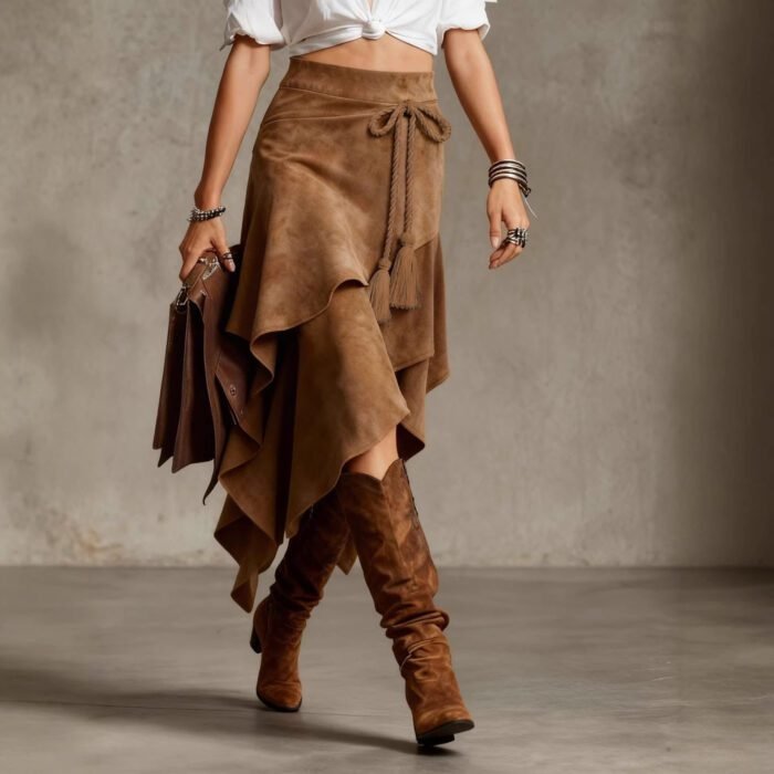 Retro Western Style Irregular Design Suede Skirt Solid Color Midi Skirt - Image 2