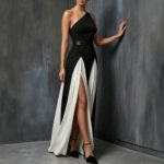Elegant Single Shoulder Black and White Long Dress, Fashionable Chic Black and White Split Strap Dress - Image 4