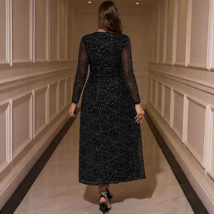 Vintage Square Neck Sequin Dress for Women Elegant Fitted Long Dress with Waist Definition - Image 3