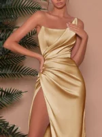 One-Shoulder Satin Maxi Dress with High Slit - Image 2