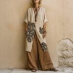 Loose Embroidered Long Robe Two-Piece Set for Women, Casual Wide-Leg Pants Outfit, Fashionable and Trendy - Image 3