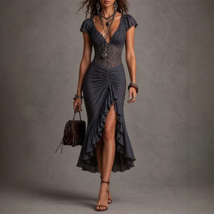 580006276 Gothic Vintage Style Dress with Unique Design Long Dress - Image 1