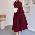 Hem Maxi Dress with High Waist and Flowing Skirt Solid Color Fitted Waist, Long Dress - Image 3