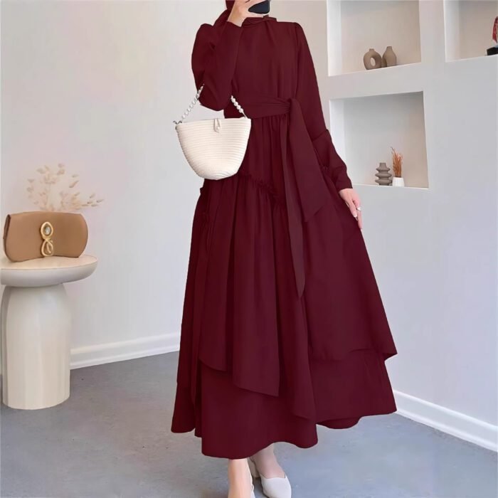 Hem Maxi Dress with High Waist and Flowing Skirt Solid Color Fitted Waist, Long Dress - Image 3