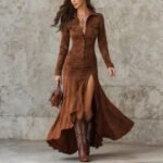 Elegant Zipper Stand Collar Slit Long Dress with Slim Fit - Image 3