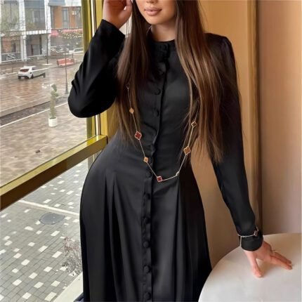 Style Solid Color Long Sleeve Buttoned Waist Fitted Dress