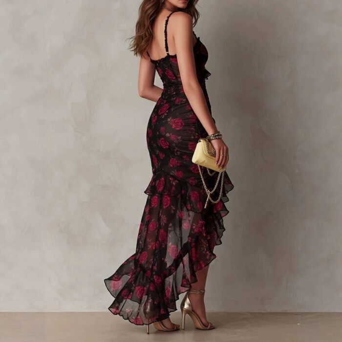 Style Floral Print Strap Irregular Ruffle Hem A-Line Dress - Image 4