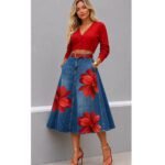 Style Floral Print Washed Denim High Waist Midi Skirt - Image 2