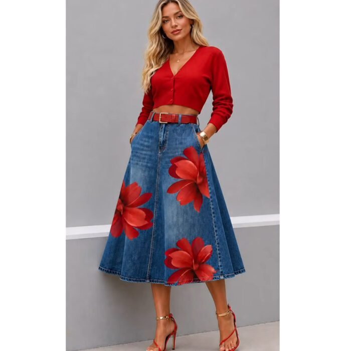 Style Floral Print Washed Denim High Waist Midi Skirt - Image 2