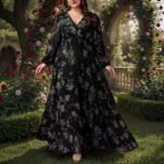 Oversize Printed Bohemian V-Neck Long Sleeve Flared Elegant Dress - Image 4