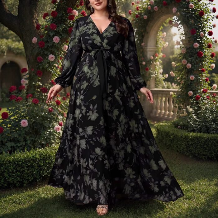 Oversize Printed Bohemian V-Neck Long Sleeve Flared Elegant Dress - Image 4