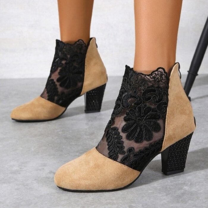 Lace Mesh High-Heeled Sandals Women European and American Style Round Toe Chunky Heel Roman Sandals Wholesale - Image 6