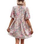 Cute Floral Print V-Neck Puff Sleeve Pleated Casual Loose Dress for Women - Image 5