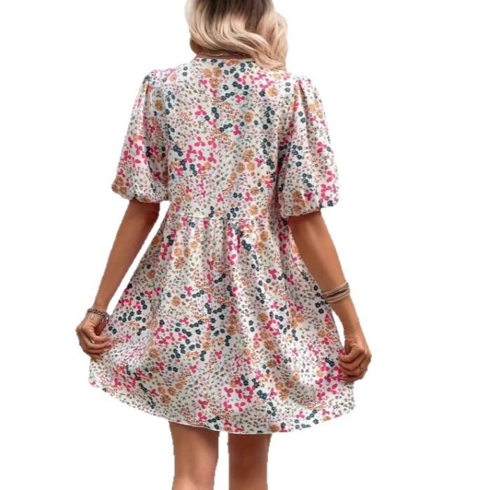 Cute Floral Print V-Neck Puff Sleeve Pleated Casual Loose Dress for Women - Image 5