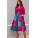 Style Floral Print Washed Denim High Waist Midi Skirt - Image 3