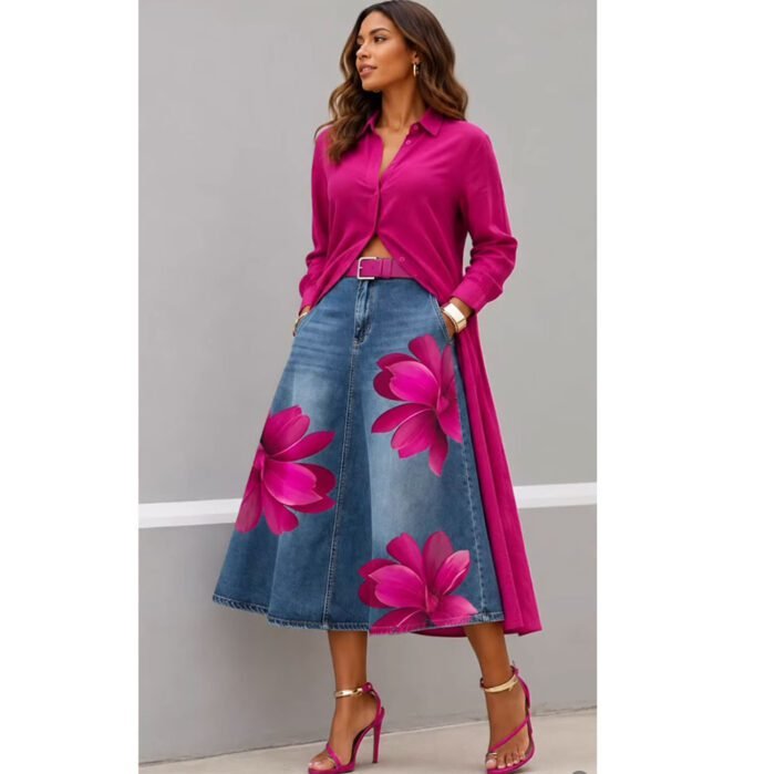 Style Floral Print Washed Denim High Waist Midi Skirt - Image 3