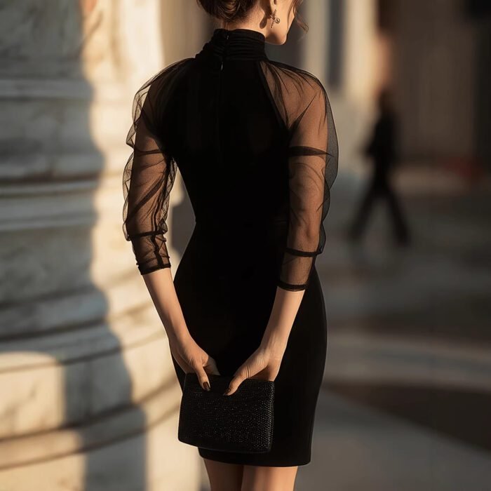 Elegant Long Sleeve Sheath Dress with High Neck and Mesh Overlay for Formal Evening Wear - Image 2