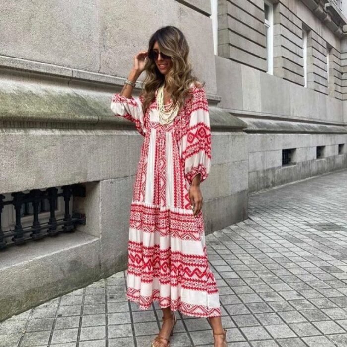 Bohemian Print Long Sleeve Maxi Dress for Women Fashion Spring Style Flowy Long Dress - Image 10