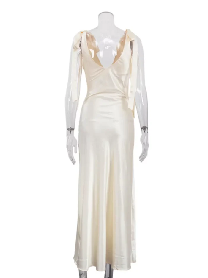 Satin Tie Shoulder Deep V-Neck Dress - Image 7