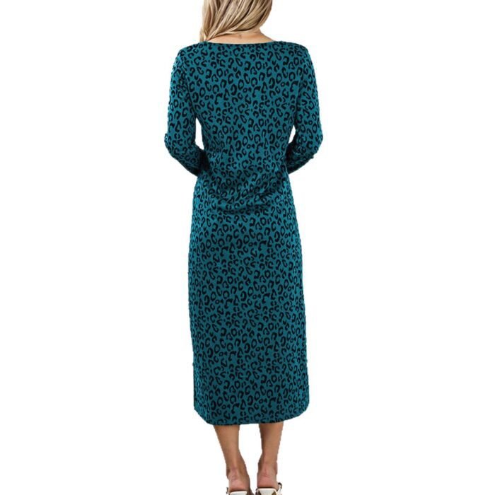 Fashion Women's Vintage Leopard Print Dress Round Neck Long Sleeve Casual Midi Dress - Image 5