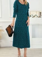 Fashion Women's Vintage Leopard Print Dress Round Neck Long Sleeve Casual Midi Dress - Image 9