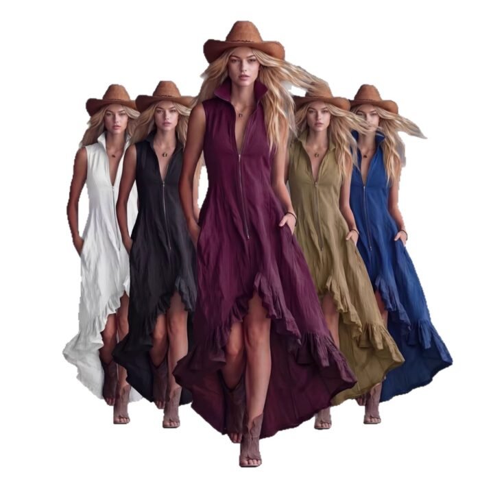 Vintage Casual Turn-Down Collar Front Zipper Ruffle Hem Dress for Women - Image 6