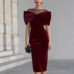 Chic Office Women's One-Shoulder Off-the-Shoulder Velvet Dress with Gold Thread