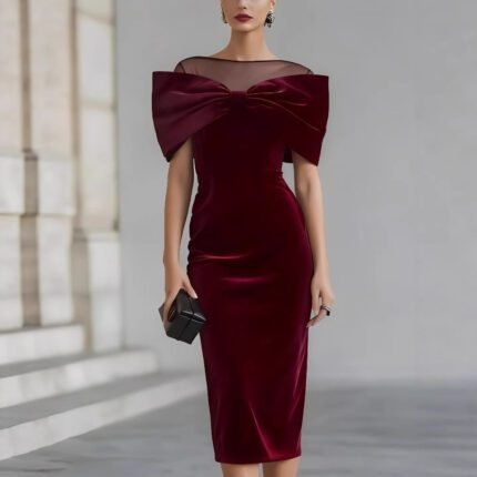 Chic Office Women's One-Shoulder Off-the-Shoulder Velvet Dress with Gold Thread