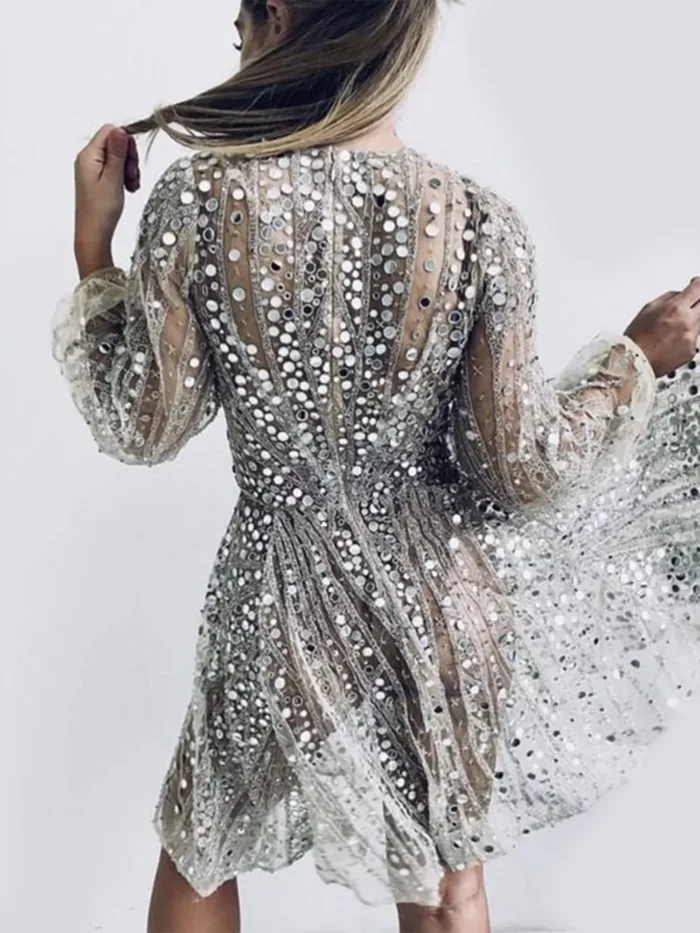 Sequin Deep V-Neck Mini Dress - Image 4