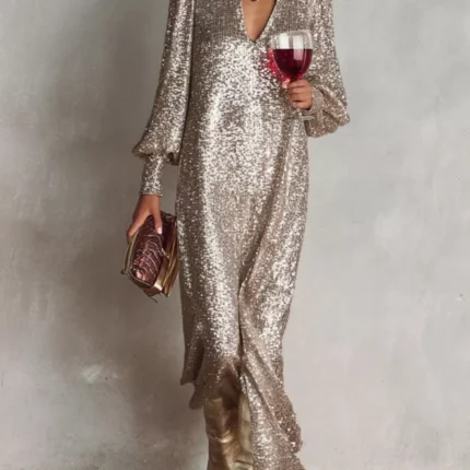 Sequin Notched Lantern Sleeve Maxi Dress