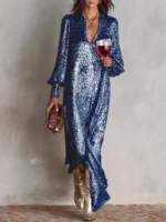 Sequin Notched Lantern Sleeve Maxi Dress - Image 6