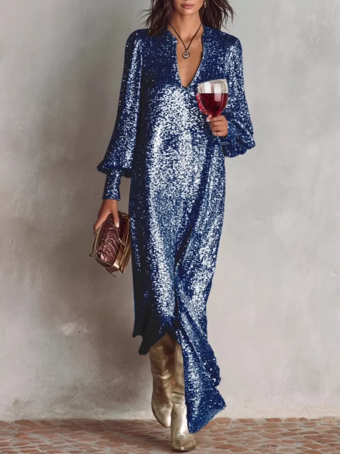 Sequin Notched Lantern Sleeve Maxi Dress - Image 6