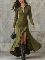 Elegant Zipper Stand Collar Slit Long Dress with Slim Fit - Image 9