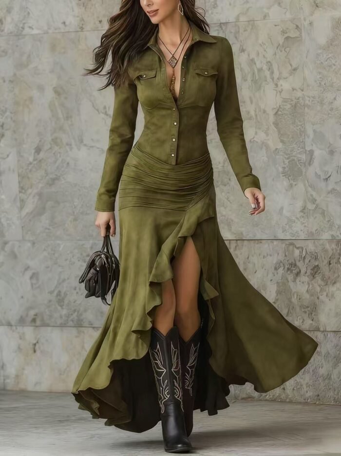 Elegant Zipper Stand Collar Slit Long Dress with Slim Fit - Image 9