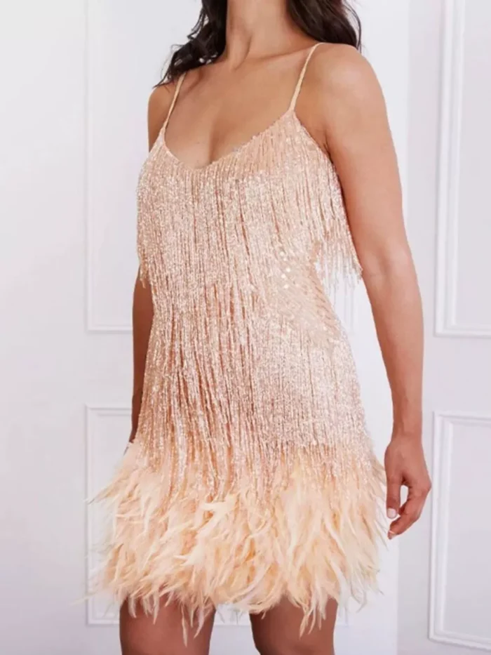 Full Size Sequin and Feather Fringe Mini Dress Plus Size - Image 4
