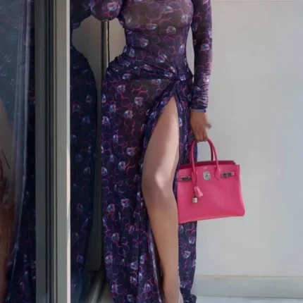 Sheer Floral Print Maxi Dress with High Slit