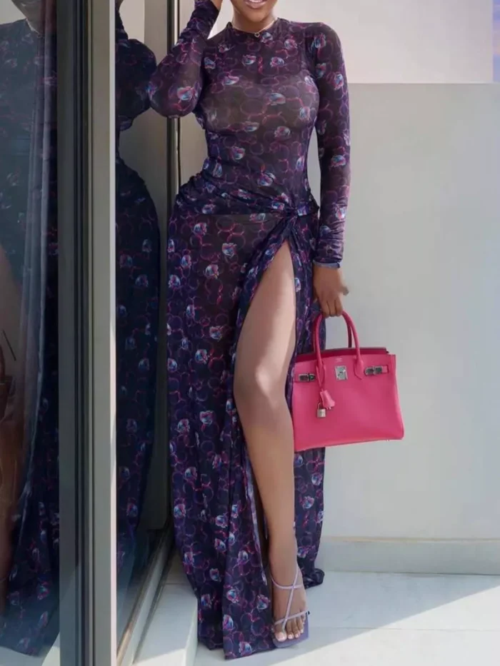 Sheer Floral Print Maxi Dress with High Slit Sheer Floral Print Maxi Dress with High Slit - Image 1
