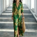 Blue Tone Printed Chiffon Turn-down Collar Split Resort Beach Dress