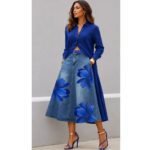 Style Floral Print Washed Denim High Waist Midi Skirt - Image 8