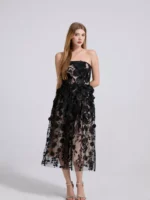 Floral Applique Strapless Midi Dress - Image 3