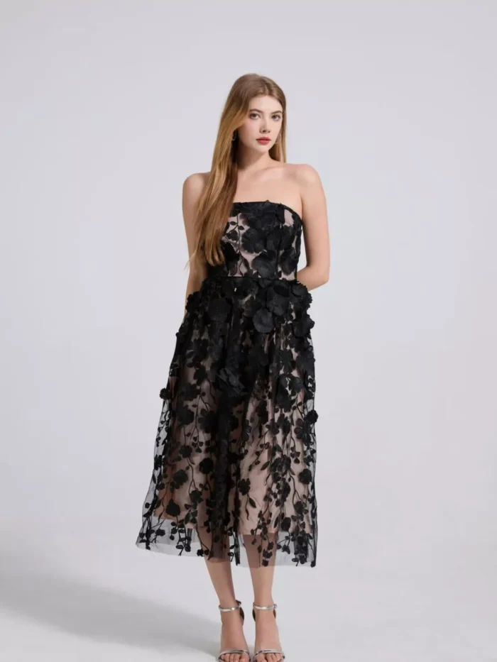 Floral Applique Strapless Midi Dress - Image 3