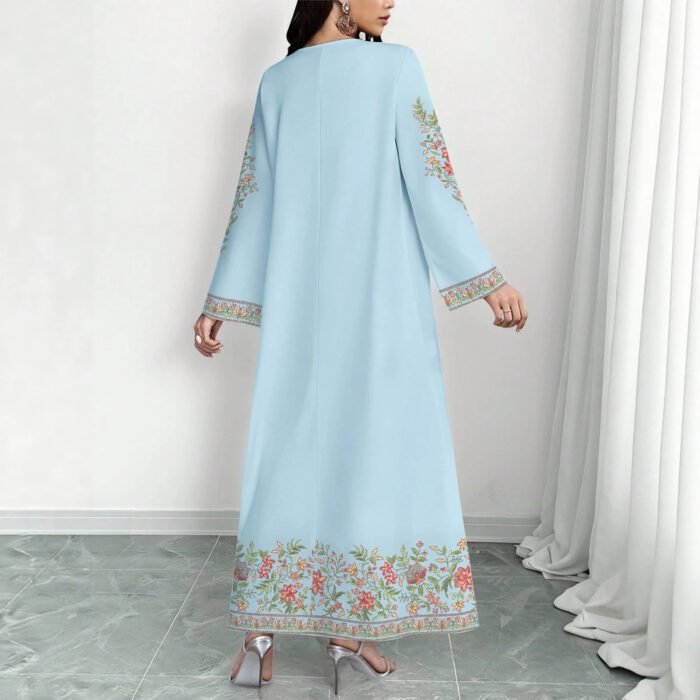 Women's Plant Flower Printed Fashion Casual Loose Horn V-neck Long Dress for Women - Image 3