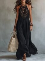 Style Black Lace Trim Sleeveless Long Dress Loose Vacation Style Maxi Dress Lace Dress - Image 6