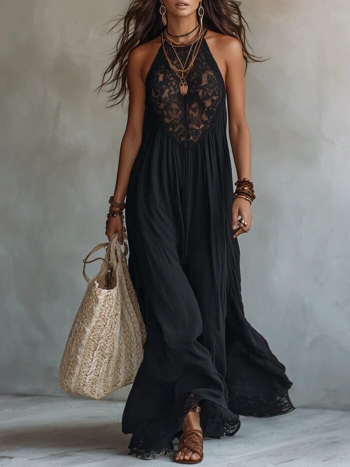 Style Black Lace Trim Sleeveless Long Dress Loose Vacation Style Maxi Dress Lace Dress - Image 6