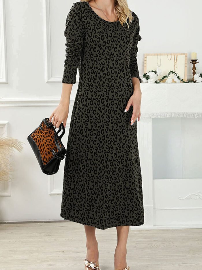 Fashion Women's Vintage Leopard Print Dress Round Neck Long Sleeve Casual Midi Dress - Image 7