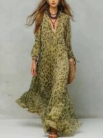 Leopard Print Chiffon Long Dress Deep V-Neck Three-Quarter Sleeve Flared Beach Vacation Dress - Image 8