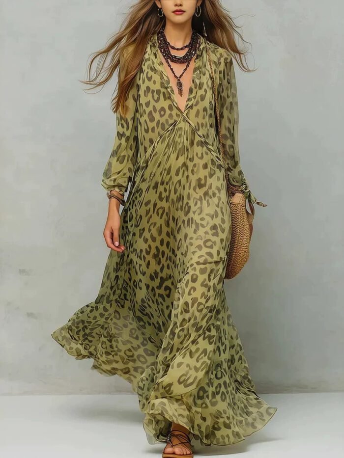 Leopard Print Chiffon Long Dress Deep V-Neck Three-Quarter Sleeve Flared Beach Vacation Dress - Image 8