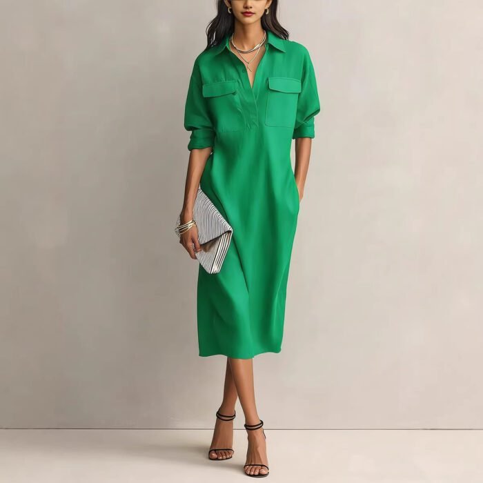 Elegant and Sophisticated Office Casual Fashion Fitted Comfortable Solid Color Mid-Length Dress - Image 2